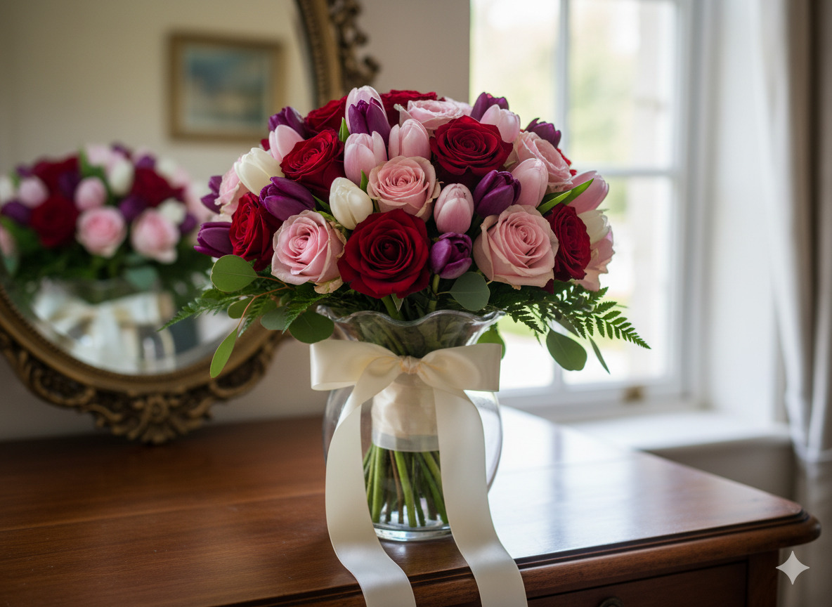 Klassiek boeket met rozen en tulpen